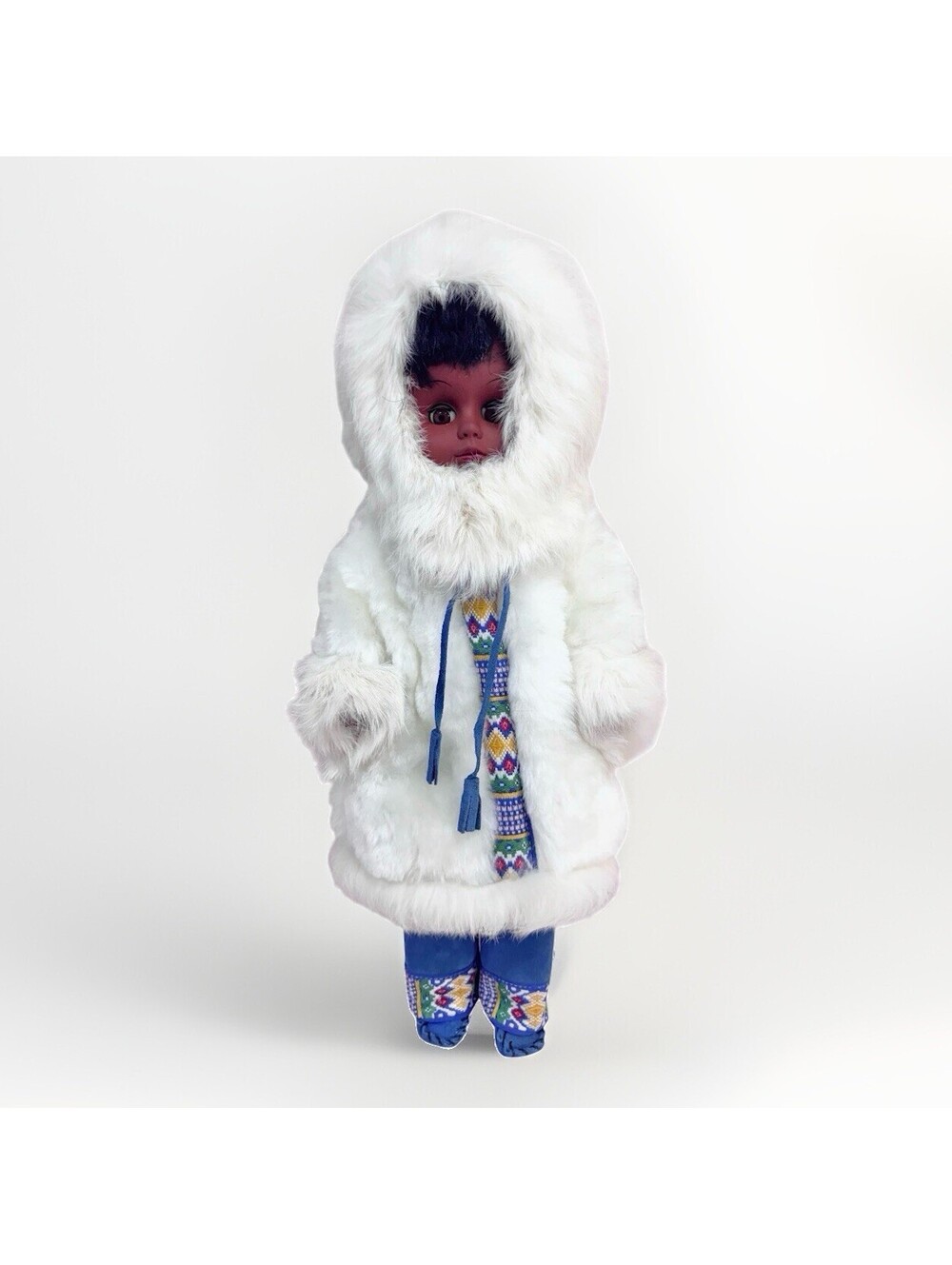 (RA) Vintage 17.5" Canadian Inuit Souvenir Doll Real Fur Parka Suede Moccasins